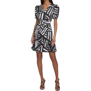 Karl Lagerfeld Paris Black & White Striped Puff Sleeve Tiered Dress Size 16